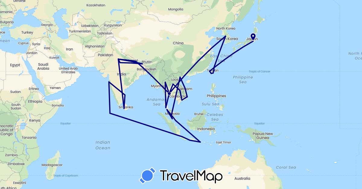 TravelMap itinerary: driving in Indonesia, India, Japan, South Korea, Laos, Sri Lanka, Maldives, Malaysia, Nepal, Singapore, Thailand, Taiwan, Vietnam (Asia)